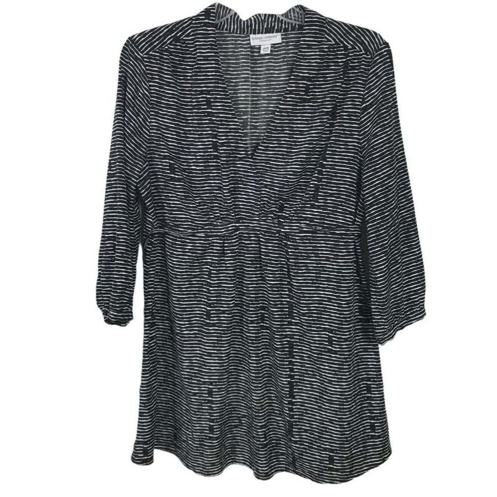 Liz Lange Maternity Size M Top Blouse Black White Stripe V Neck Tie Waist Tunic
